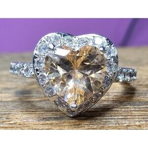 Peach Glass Heart Rhinestone Silver Tone Ring Size 6